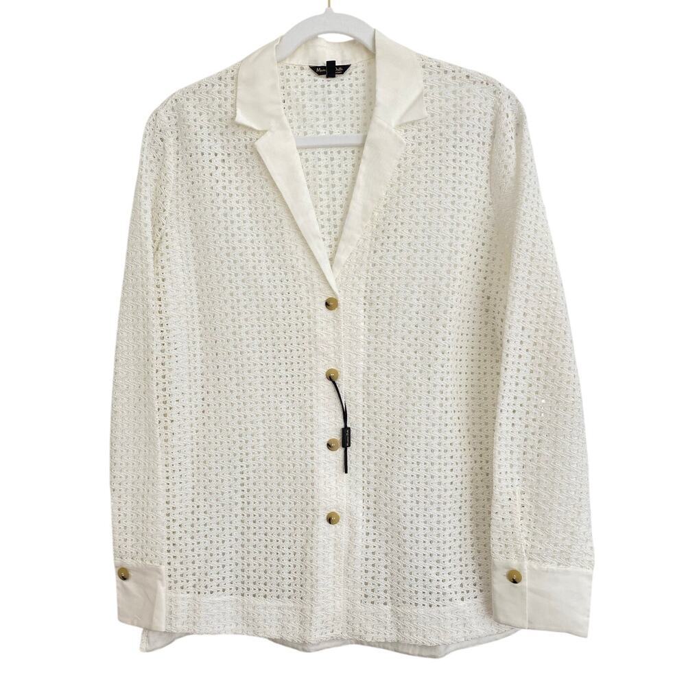 Massimo Dutti White Button Down Collared Lace Shirt Blouse Top Long Sleeve